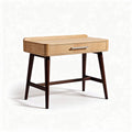 Modern wooden desk with single drawer and tapered legs in natural finish