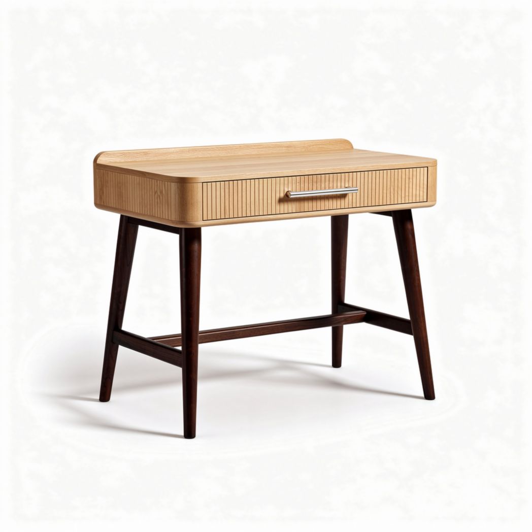 Modern wooden desk with single drawer and tapered legs in natural finish