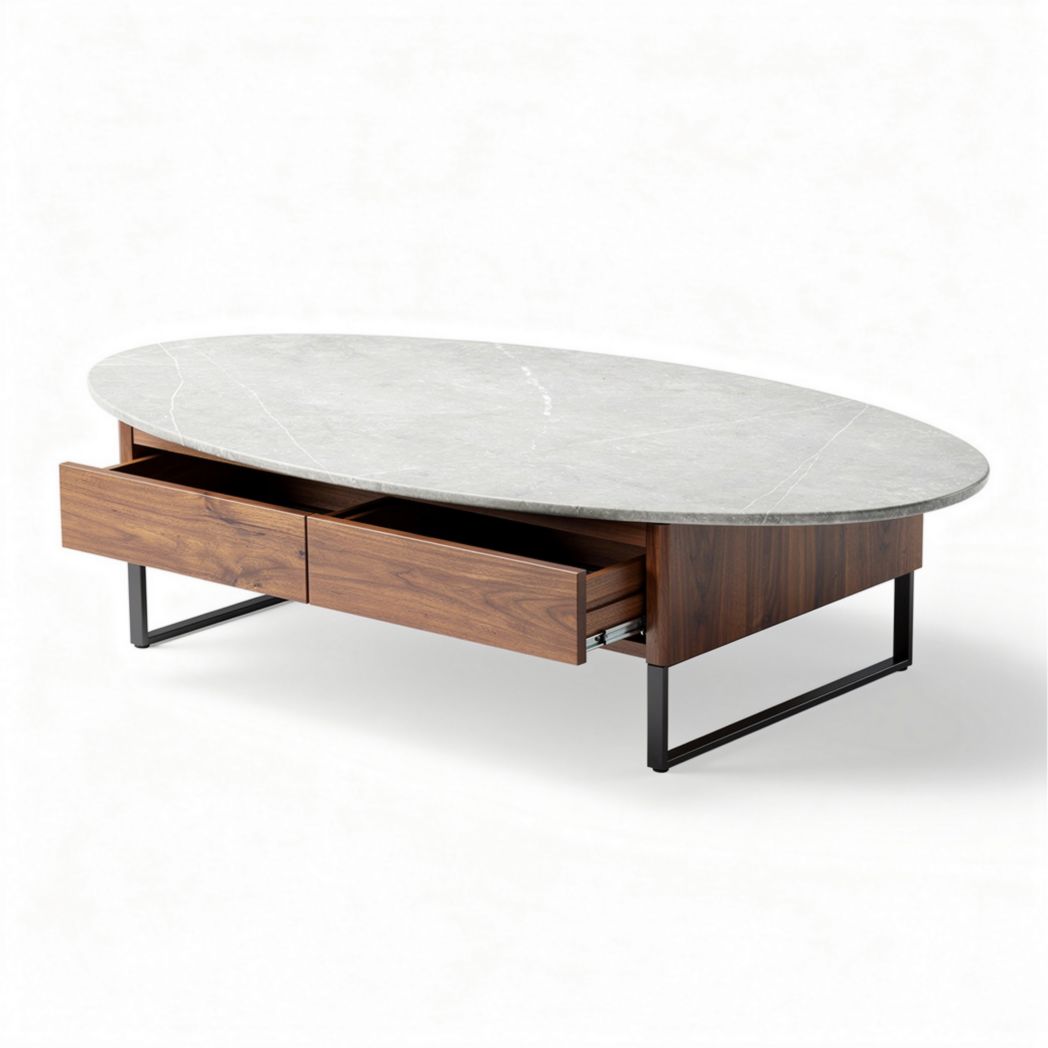 Oval coffee table with marble top and wooden base featuring storage drawers 120 x 70 x 40cm