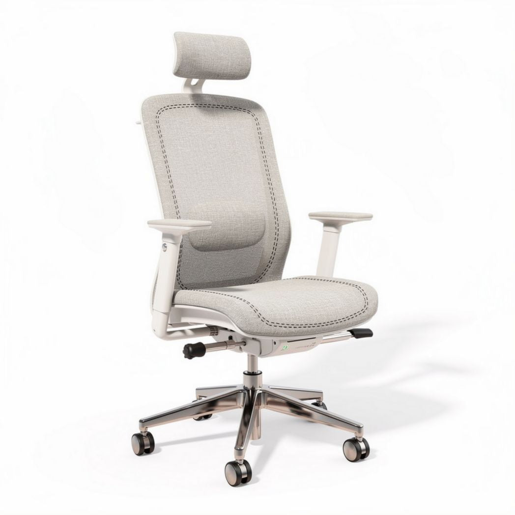 Ergonomic office chair with adjustable headrest and breathable fabric in grey