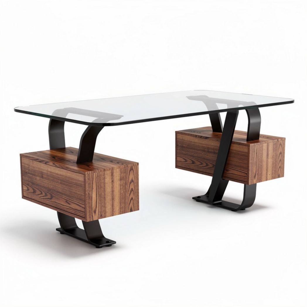 Glass and wood desk with storage drawers 120 x 60 x 75cm modern design