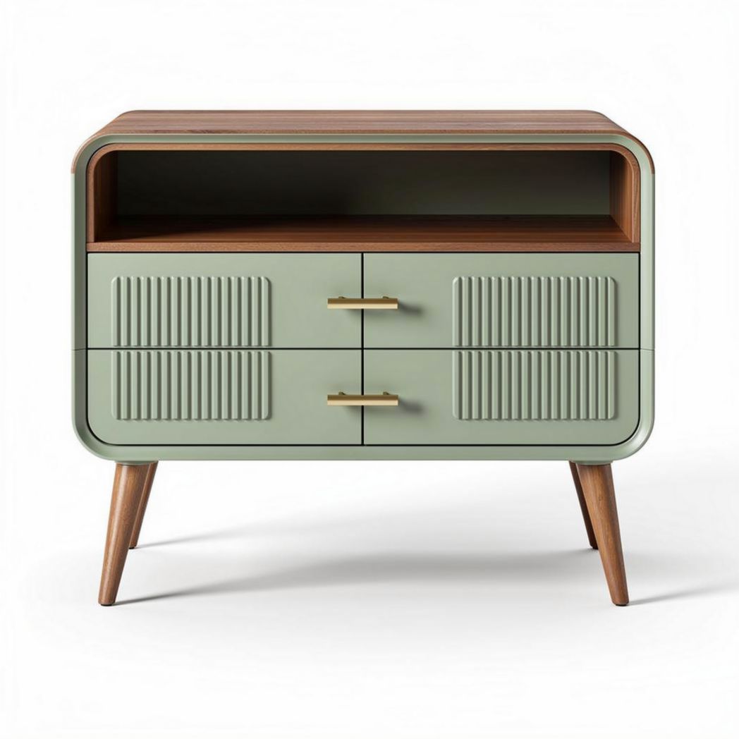 Modern green nightstand with two drawers and walnut wood top 60 x 40 x 45cm