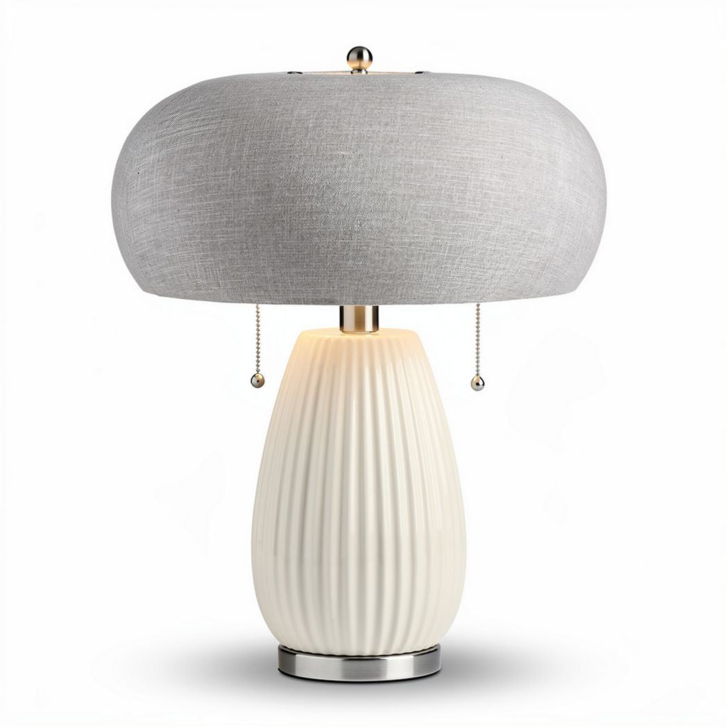 Ceramic table lamp with gray fabric shade and ribbed design 25 x 25 x 45cm