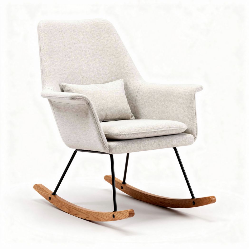 Rocking chair with fabric upholstery and wooden rockers in neutral color