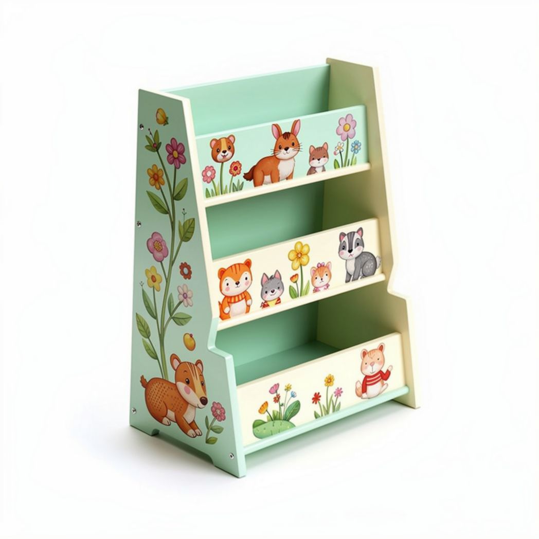 Wooden children's bookshelf with animal illustrations for nursery storage 60 x 30 x 80cm
