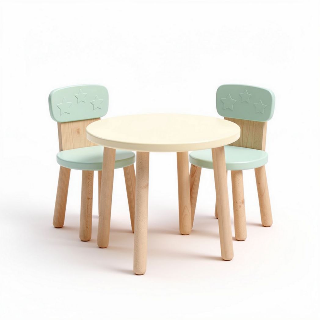 Wooden kids table and chair set with light blue accents 60 x 60 x 50cm